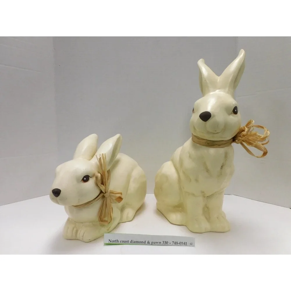 Ceramic Easter Bunny Figurine Set Cream White Rabbits with Raffia Bows DW82